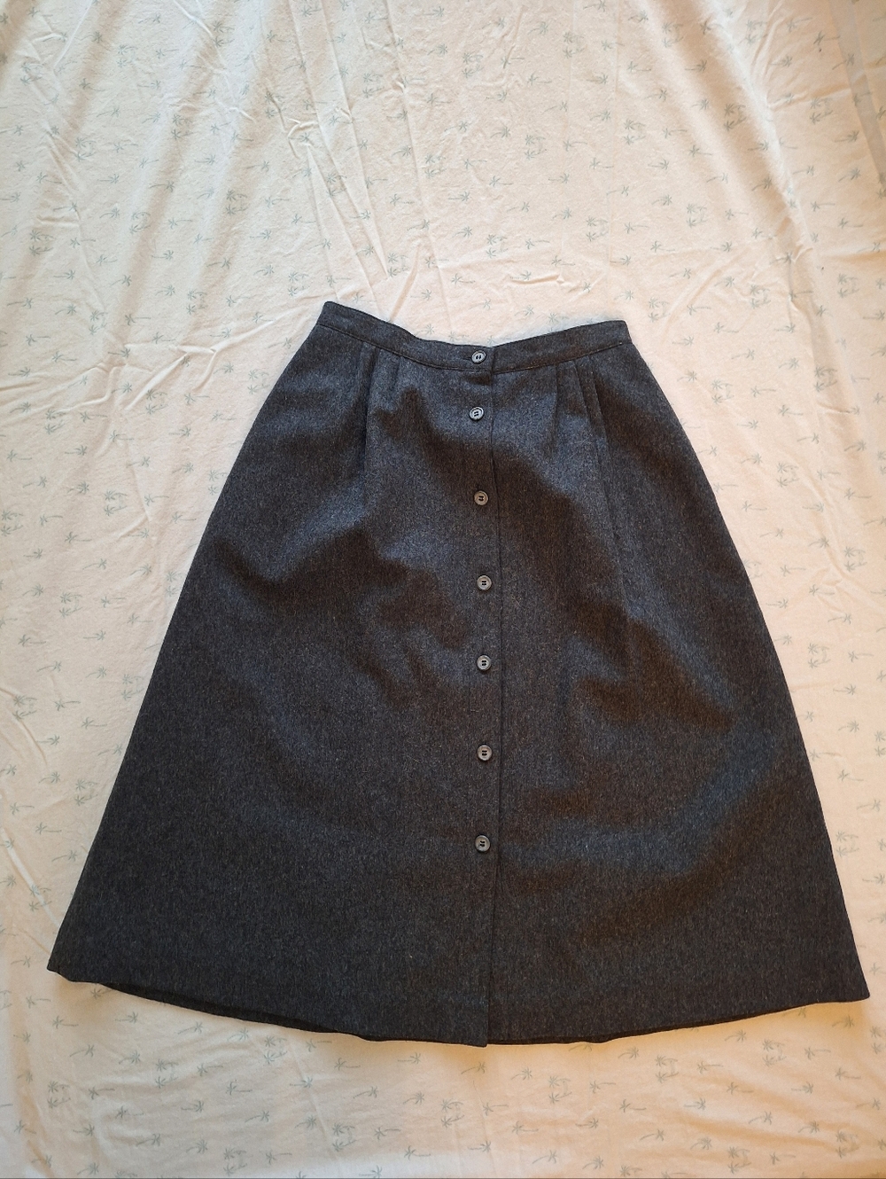Vintage Dark Gray Button-Front Wool A-Line Skirt